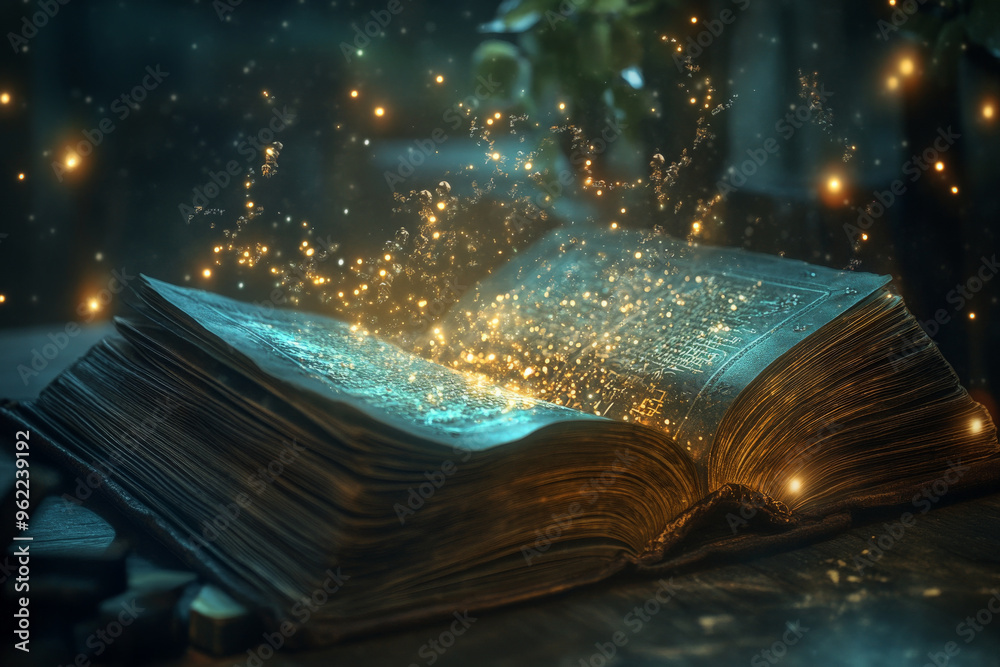 Fototapeta premium An enchanted book with glowing magical runes floating around it, and a shimmering light shining from its pages.