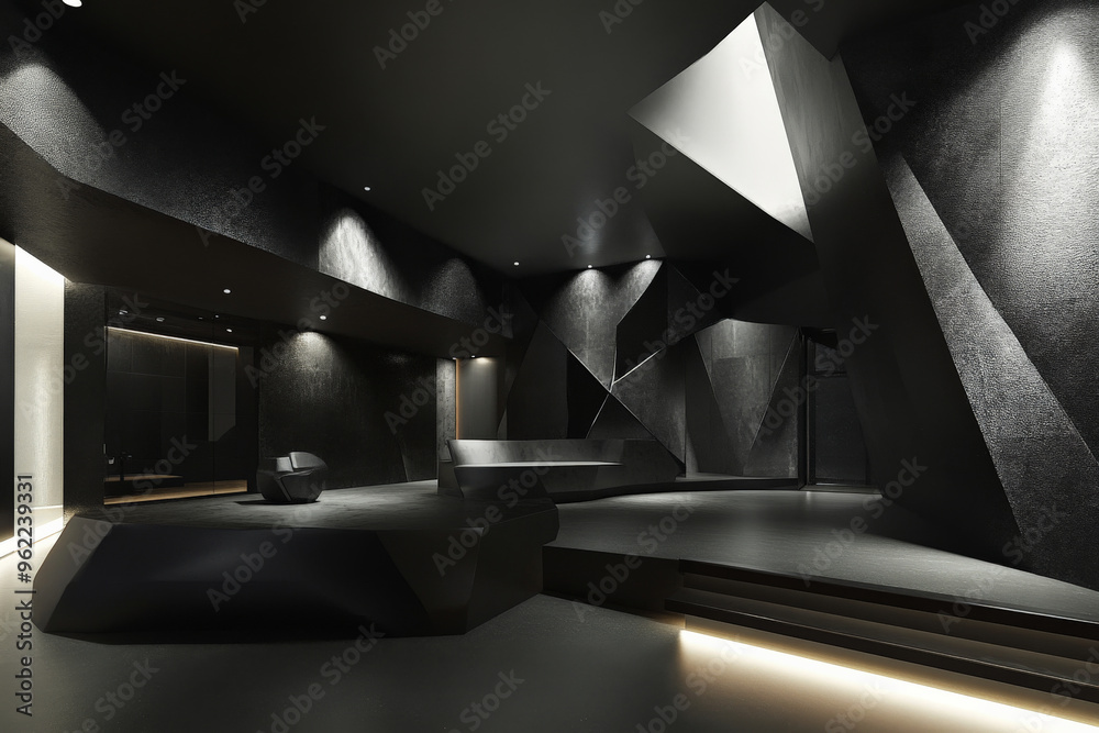 A dramatic 3D black interior with sharp, angular forms and soft ...