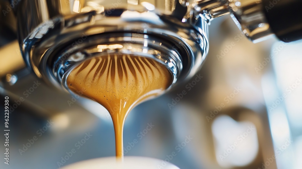 A close-up of an espresso machine group head, with freshly brewed espresso dripping into a cup below. A close-up of an espresso machine group head, with freshly brewed espresso dripping into a cup below.
