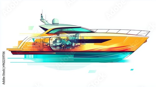 An artistic, flat style illustration of a modern boat with transparent panels, revealing the engine photo