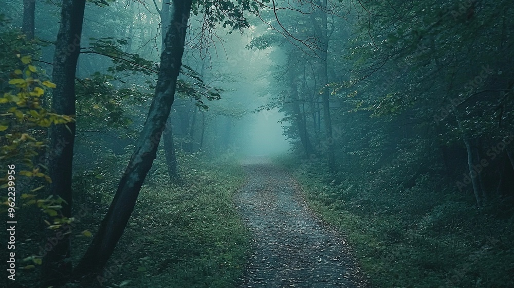Obraz premium A foggy trail amidst dense woods, surrounded by towering trees and rustling foliage on either side
