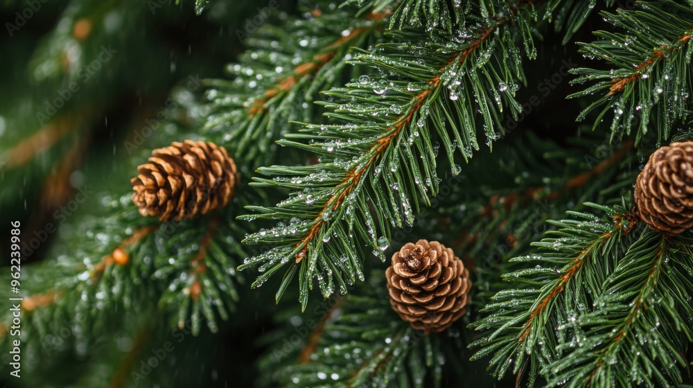 A close-up of pine branches with dew-covered needles and pinecones A close-up of pine branches with dew-covered needles and pinecones