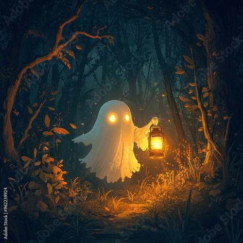 A spooky scene of a ghost holding a lantern in a dark forest, with glowing eyes and an eerie atmosphere photo