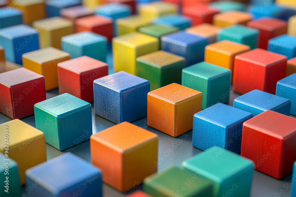 A random mix of primary-colored cubes arranged on a smooth, light surface, with subtle lighting to enhance the rich, bold colors. A random mix of primary-colored cubes arranged on a smooth, light surface, with subtle lighting to enhance the rich, bold colors.
