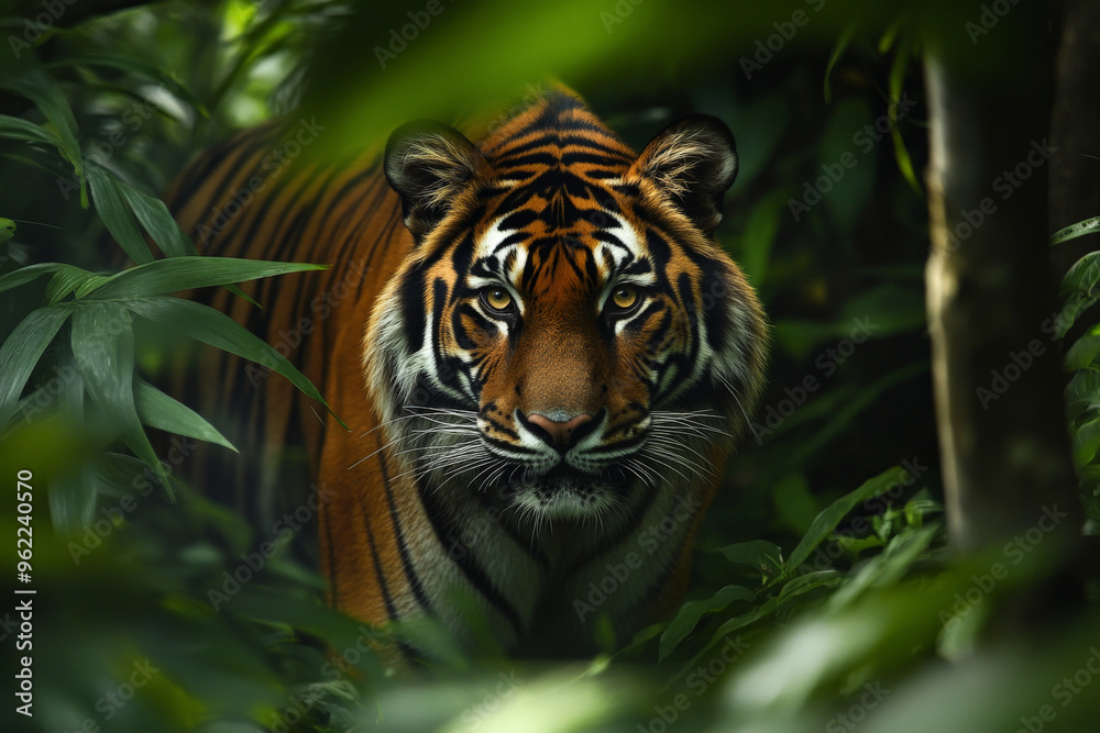 Fototapeta premium A fierce tiger prowling through a jungle, its stripes blending into the trunks of trees and thick foliage.
