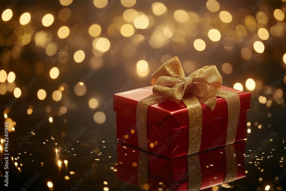 A luxurious red and gold gift box, tied with an oversized satin bow, sitting on a reflective surface surrounded by sparkling lights. A luxurious red and gold gift box, tied with an oversized satin bow, sitting on a reflective surface surrounded by sparkling lights.