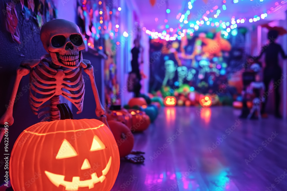 Fototapeta premium A spooky Halloween party setup with colorful candy, skeleton decorations, and glowing jack-o'-lanterns lighting the room.