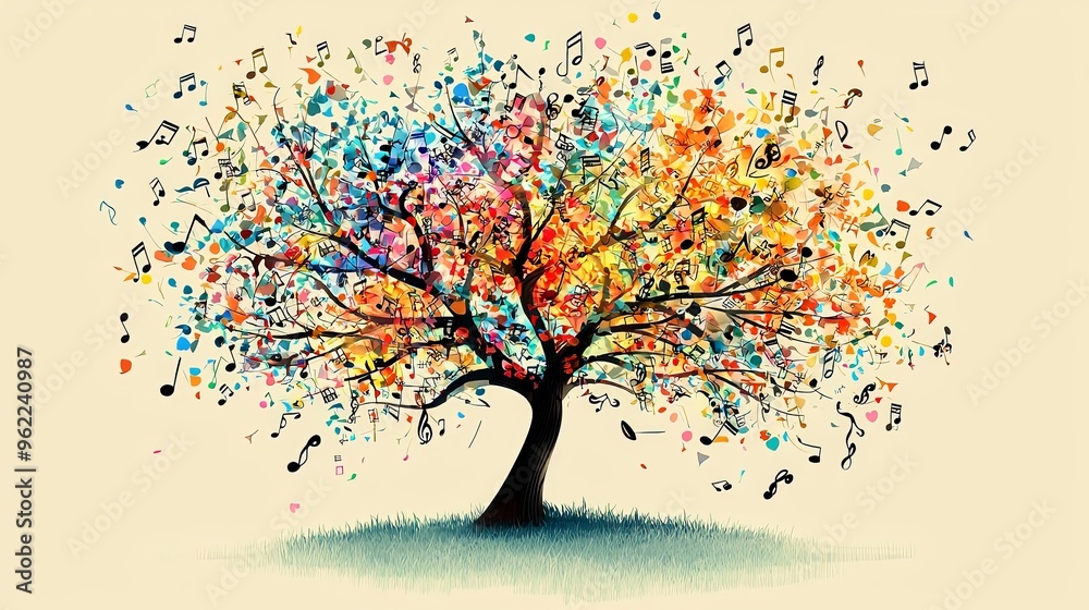 A lively tree shedding multi-hued leaves transforming into music notes, symbolizing the amalgamation of natural beauty and musical expression, evoking a sense of joy and creativity. A lively tree shedding multi-hued leaves transforming into music notes, symbolizing the amalgamation of natural beauty and musical expression, evoking a sense of joy and creativity.
