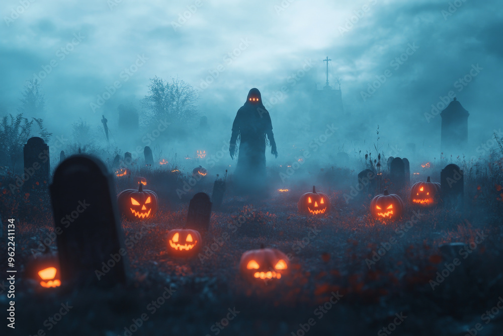 Fototapeta premium A ghostly Halloween figure floating through a foggy graveyard, surrounded by glowing jack-o'-lanterns and tombstones.