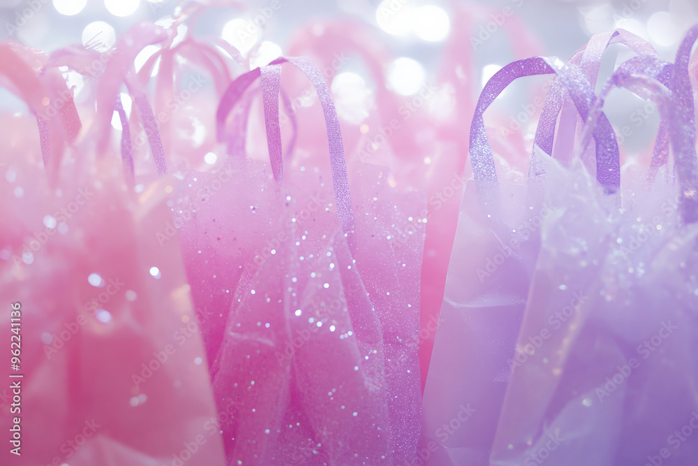 A background filled with sparkling gift bags and shimmering tissue paper, in soft pink and lavender tones. A background filled with sparkling gift bags and shimmering tissue paper, in soft pink and lavender tones.