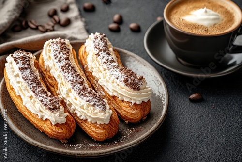 A selection of gourmet eclairs filled with cream, arranged on a plate next to a cup of espresso on a dark background