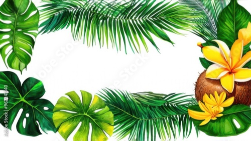 Wallpaper Mural Tropical coconut, banana palm leaves, monstera, monkey mask, frangipani, bright juicy green. Hand drawn watercolor botanical illustration. Frame, template isolated from background Torontodigital.ca