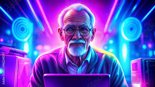 Portrait of an old man using a laptop in a nightclub.