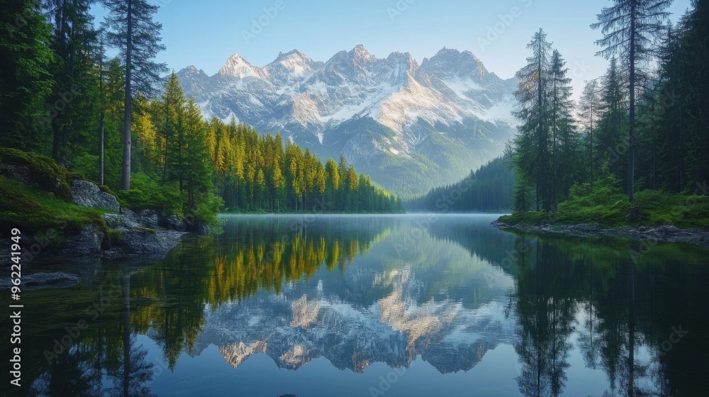 A peaceful mountain lake at sunrise A peaceful mountain lake at sunrise
