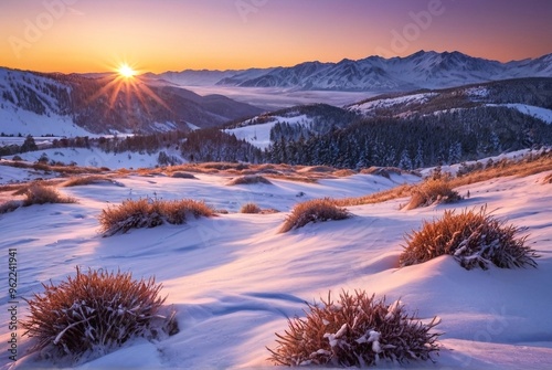 Golden winter sunset over snowy hills and mountains, serene scene with text space available