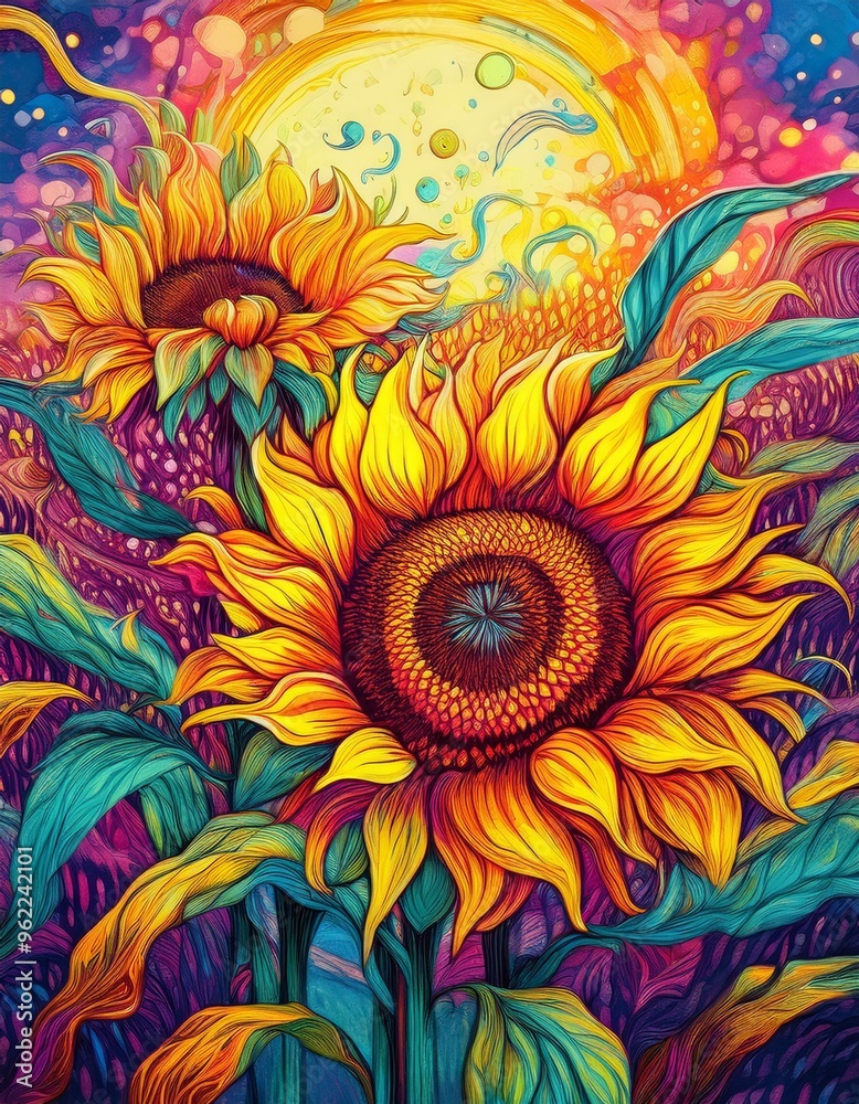 Sunflowers and maize stalks psychedelic pop art