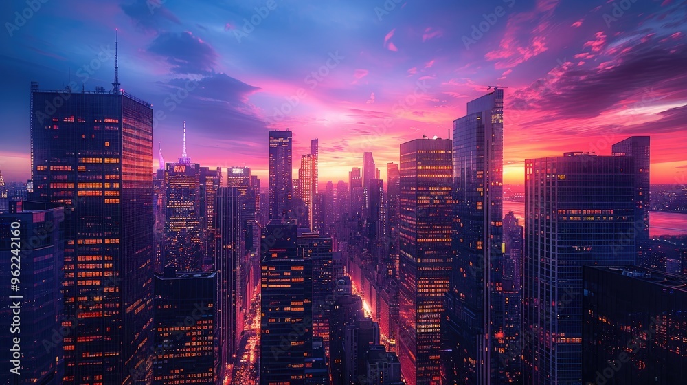 Fototapeta premium An urban sunset paints the New York City skyline in vibrant purple and pink hues, creating a stunning cityscape view.