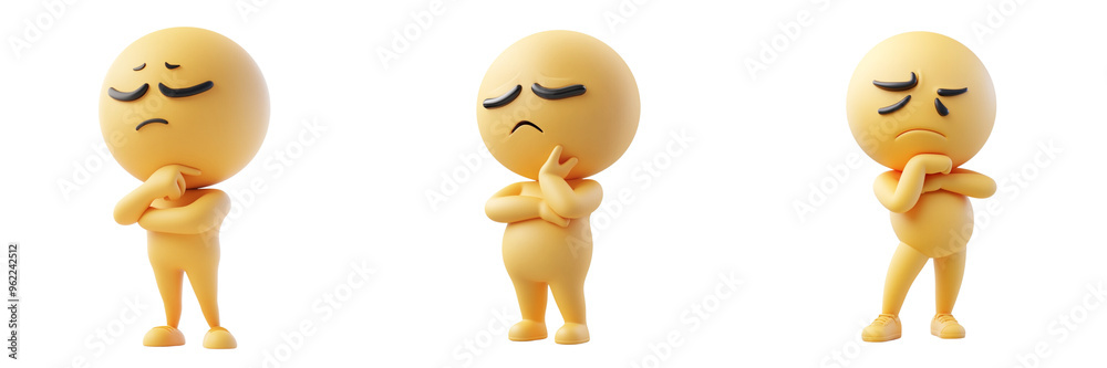 set of A 3D yellow emoji icon of a person thinking, with a hand on the chin on a transparent background set of A 3D yellow emoji icon of a person thinking, with a hand on the chin on a transparent background