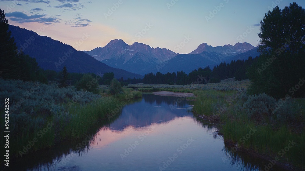 A river runs through a verdant forest, with a sky of mixed pink and blue hues and mountains in the distance A river runs through a verdant forest, with a sky of mixed pink and blue hues and mountains in the distance