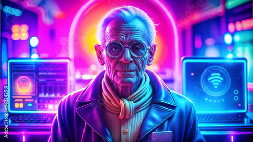 Futuristic cyberpunk man with glasses in front of a colorful background