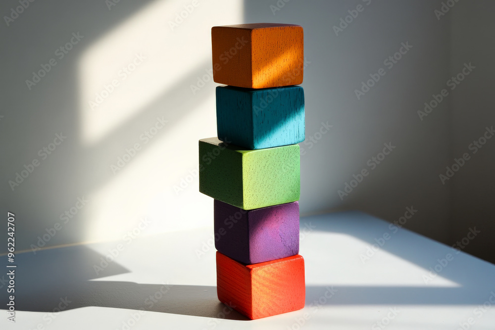 A stacked tower of multi-colored cubes on a light gray surface, with each cube casting a different colored shadow, adding a playful element. A stacked tower of multi-colored cubes on a light gray surface, with each cube casting a different colored shadow, adding a playful element.