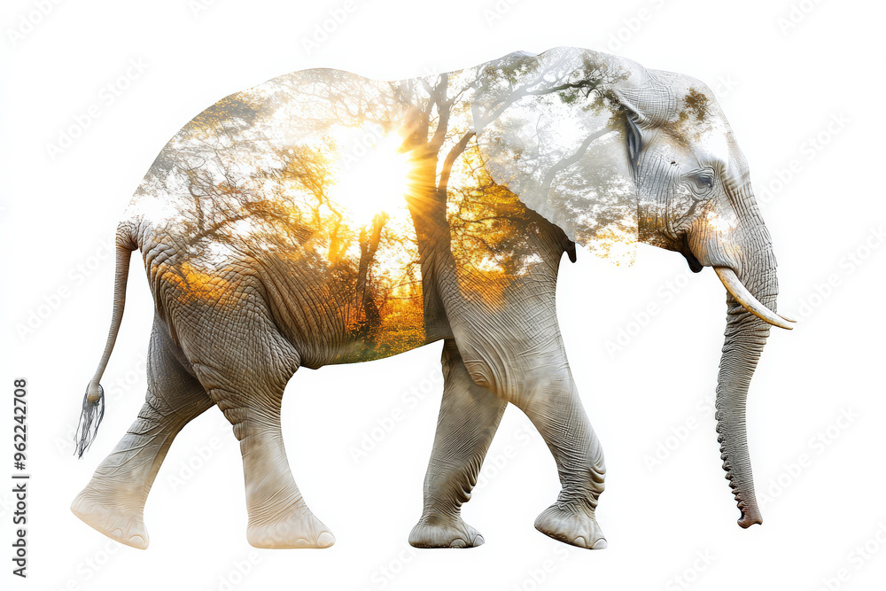 Fototapeta premium A majestic elephant walking slowly, its body filled with the image of a sunlit forest, trees and leaves blending into the white.