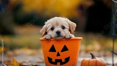 Cute puppy inside a Halloween pumpkin bucket