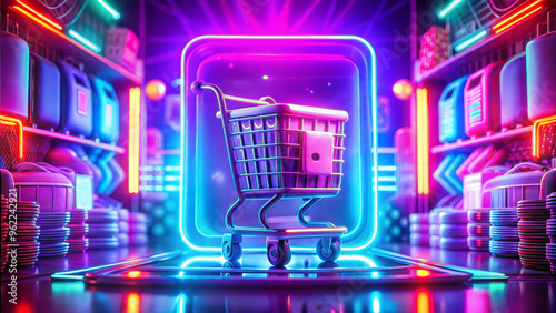 3D rendering of a neon glowing shopping cart on a dark background