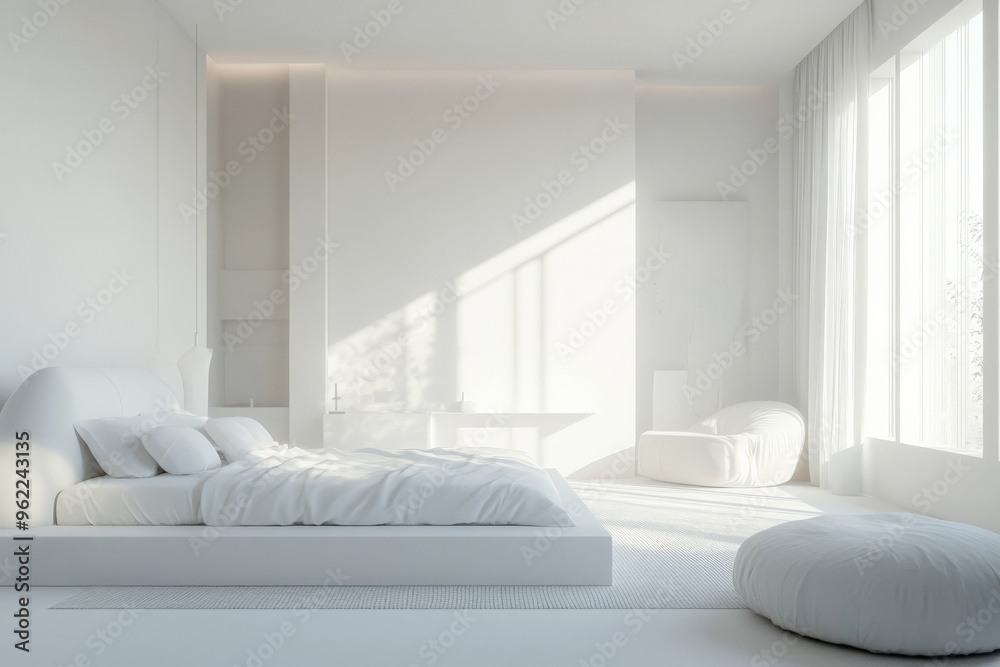 Fototapeta premium A luxurious 3D white bedroom with smooth walls, minimalistic furniture, and soft, diffused light creating a serene, calming atmosphere.