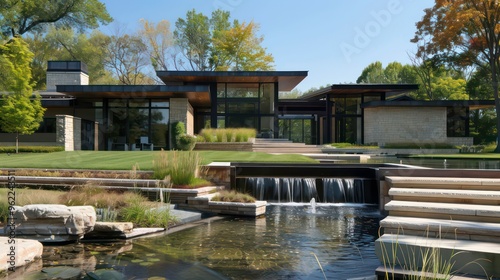 Modern home with a waterfall and pond in the backyard.