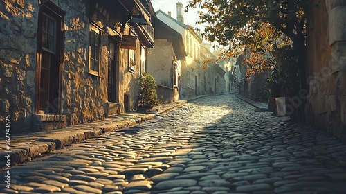   A cobblestone road with a stone structure on one end and a tree on the opposite side photo