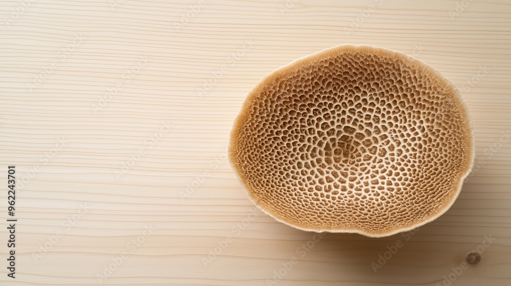 Close-up of a shiitake mushroom cap showcasing its unique texture and deep brown color on a light wooden surface Close-up of a shiitake mushroom cap showcasing its unique texture and deep brown color on a light wooden surface