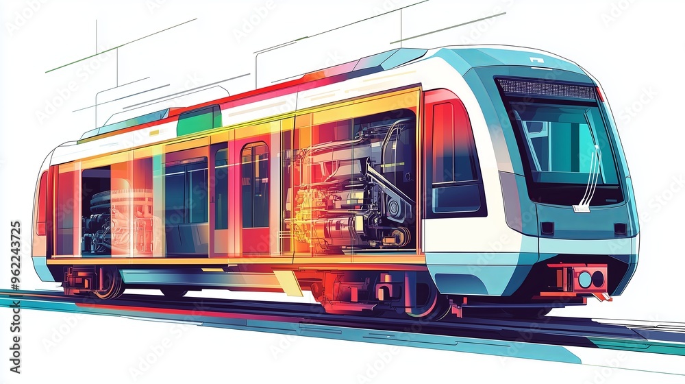 Fototapeta premium An artistic, flat style illustration of a modern metro car with semi transparent panels, revealing