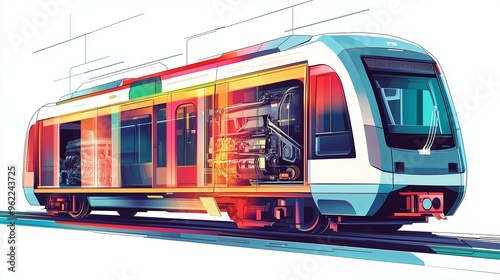 An artistic, flat style illustration of a modern metro car with semi transparent panels, revealing photo