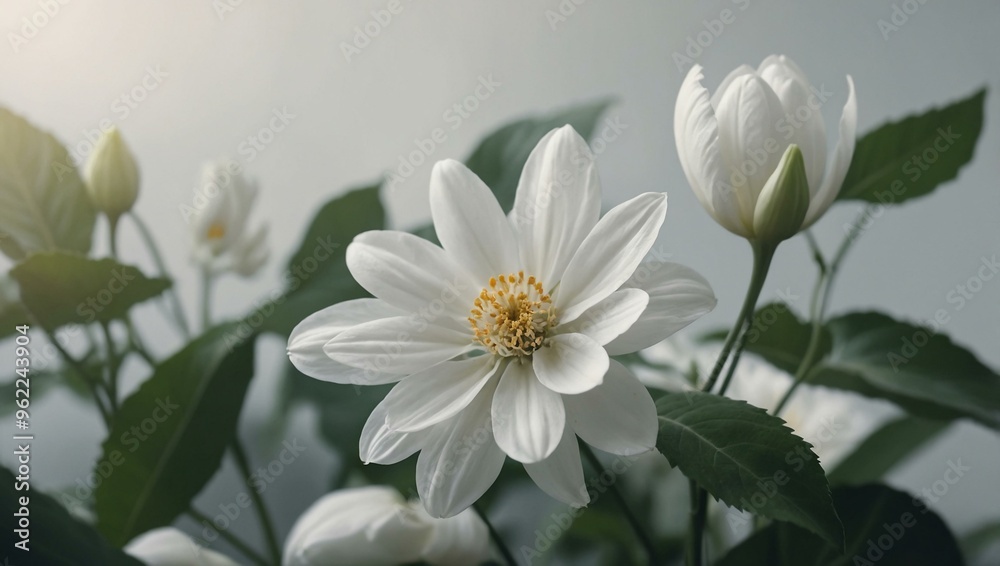 White flower and leaves illustration in a clean, delicate style. White flower and leaves illustration in a clean, delicate style.