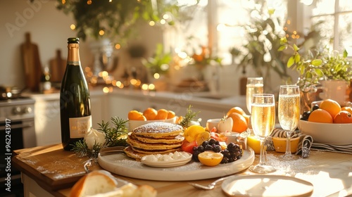 Festive New Year's Brunch with Homemade Pancakes, Fresh Fruit, and Sparkling Mimosas in Sunlit Kitchen photo