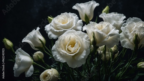 White Lisianthus blooms on a dark background, offering space for text.