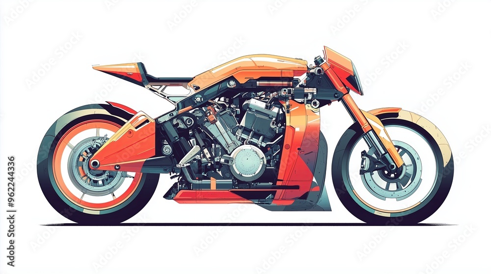 An artistic, flat style illustration of a modern motorcycle with semi transparent panels, revealing An artistic, flat style illustration of a modern motorcycle with semi transparent panels, revealing