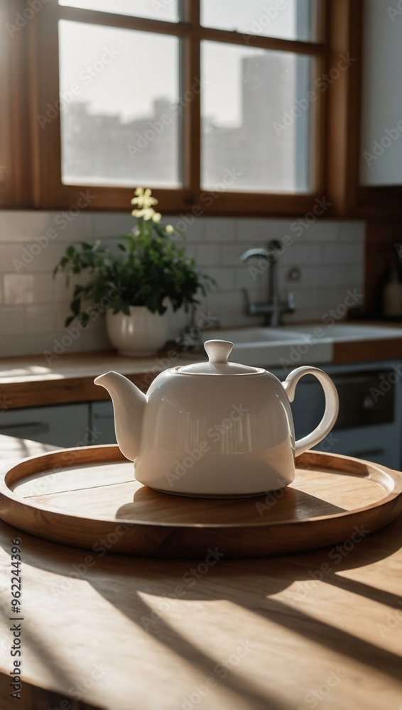 White teapot on a wooden tray in a minimalist kitchen bathed in sunlight.