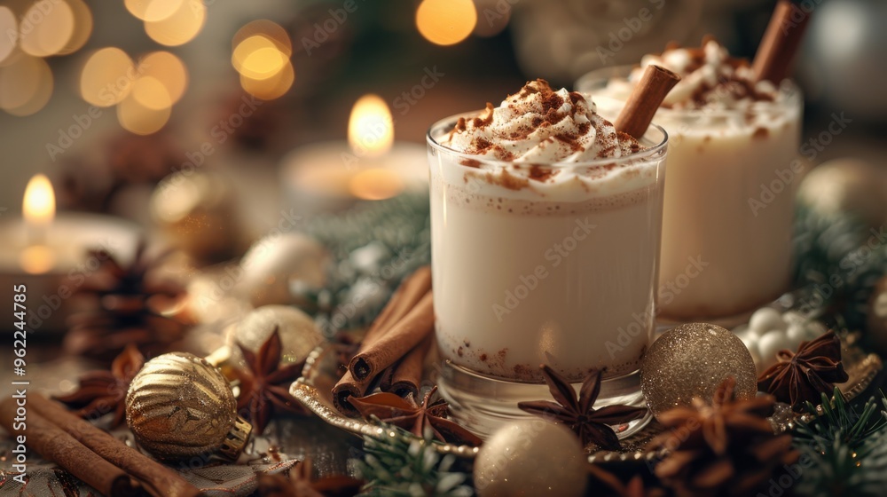 Glasses of hot chocolate with cinnamon , christmas banner Glasses of hot chocolate with cinnamon , christmas banner