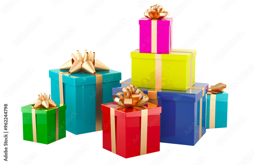Many colored Gift Boxes with bows and ribbons, 3D rendering isolated on transparent background Many colored Gift Boxes with bows and ribbons, 3D rendering isolated on transparent background