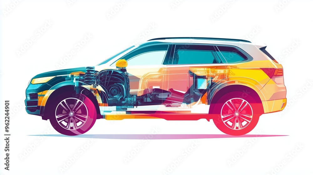 An artistic, flat style illustration of a modern SUV crossover with semi transparent panels, An artistic, flat style illustration of a modern SUV crossover with semi transparent panels,