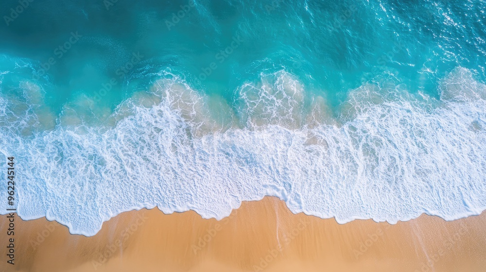 Aerial view of a turquoise sea on a sunny day, with waves splashing gently and golden beach sand visible from above Aerial view of a turquoise sea on a sunny day, with waves splashing gently and golden beach sand visible from above