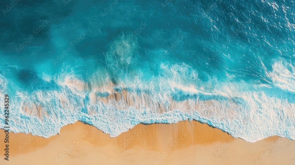 Aerial view of a turquoise sea on a sunny day, with waves splashing gently and golden beach sand visible from above Aerial view of a turquoise sea on a sunny day, with waves splashing gently and golden beach sand visible from above