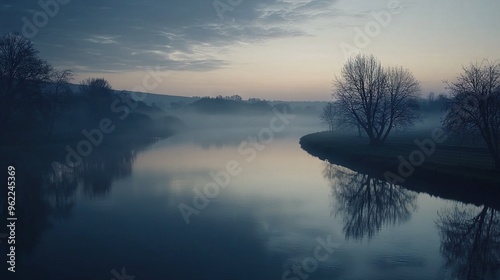  A lake surrounded by forests on a misty day with scattered cloud cover