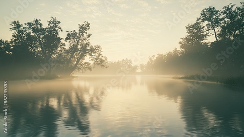  A lake surrounded by forests on a misty morning, with sunlight filtering through the trees on the opposite shore