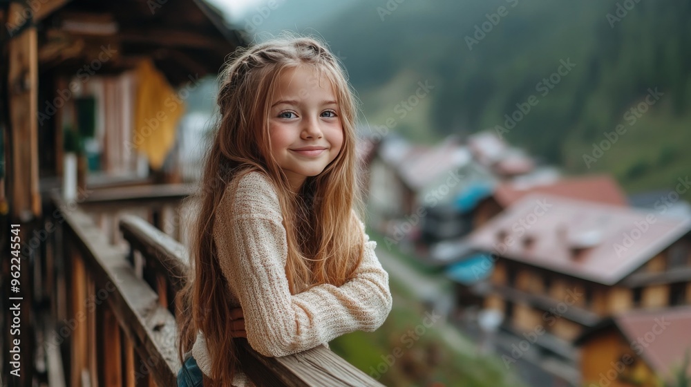 Young girl by banister in village. Young girl by banister in village.