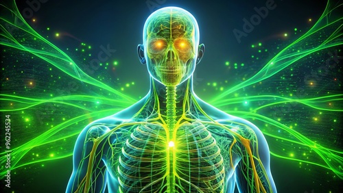 Illustration of nervous system organs in 3D mood futuristic color neon green style abstract photo