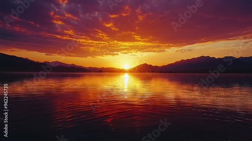   A picturesque scene featuring a serene water body bathed in the warm hues of sunset, framed by majestic mountains in the backdrop and scattered clouds above