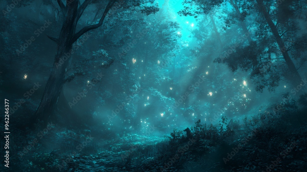 A mystical, foggy forest path with glowing lights in the trees. A mystical, foggy forest path with glowing lights in the trees.